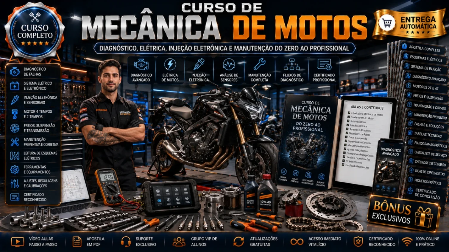 Curso de Mecânica de Motos: Diagnóstico, Elétrica, Injeção Eletrônica e Manutenção do Zero ao Profis